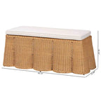 Palm Scallop Natural Rattan Ottoman with Cushion - Handwoven Wicker Bench for Living Room or Bedroom, Coastal Boho, Rectangle