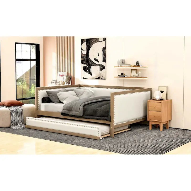 Full Size Upholstered Daybed with Trundle and Nailhead Decoration, Wood Color