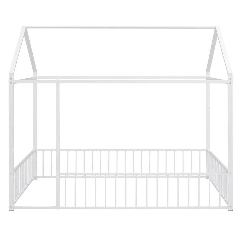 Full Size Metal Bed House Bed Frame with Fence, for Kids, Teens, Girls, Boys
