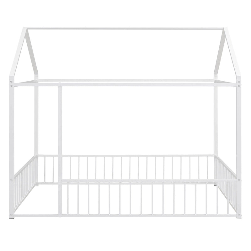 Full Size Metal Bed House Bed Frame with Fence, for Kids, Teens, Girls, Boys