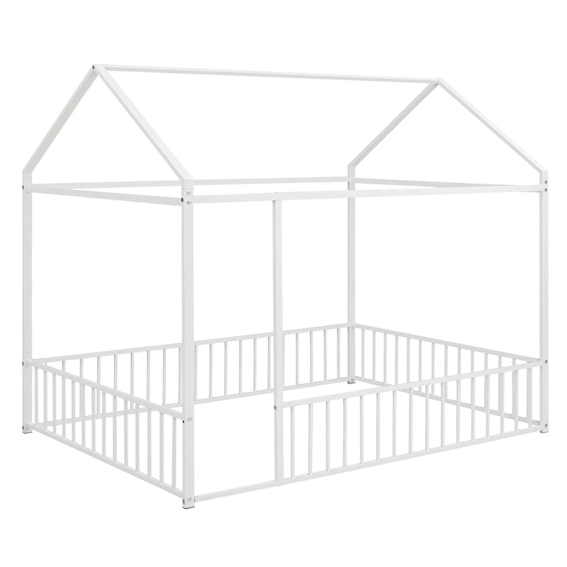 Full Size Metal Bed House Bed Frame with Fence, for Kids, Teens, Girls, Boys