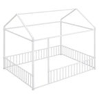 Full Size Metal Bed House Bed Frame with Fence, for Kids, Teens, Girls, Boys