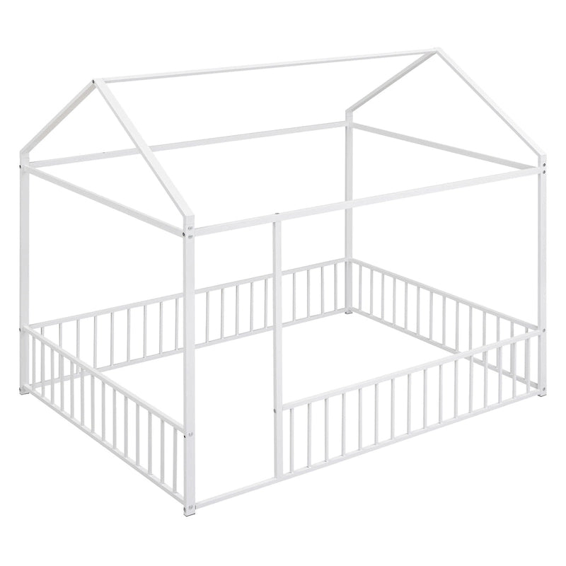 Full Size Metal Bed House Bed Frame with Fence, for Kids, Teens, Girls, Boys