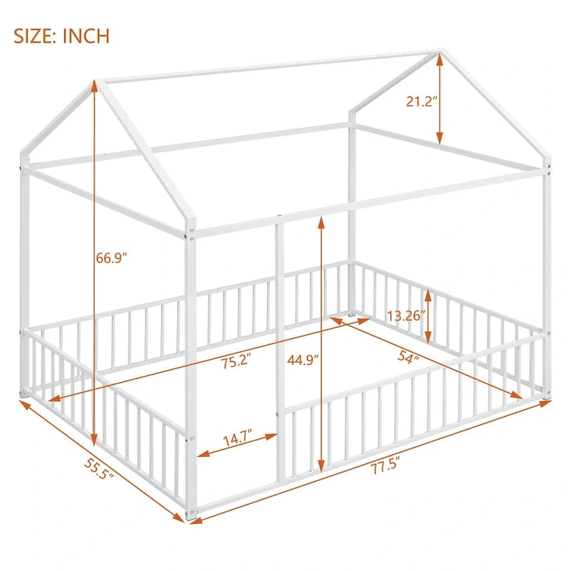 Full Size Metal Bed House Bed Frame with Fence, for Kids, Teens, Girls, Boys