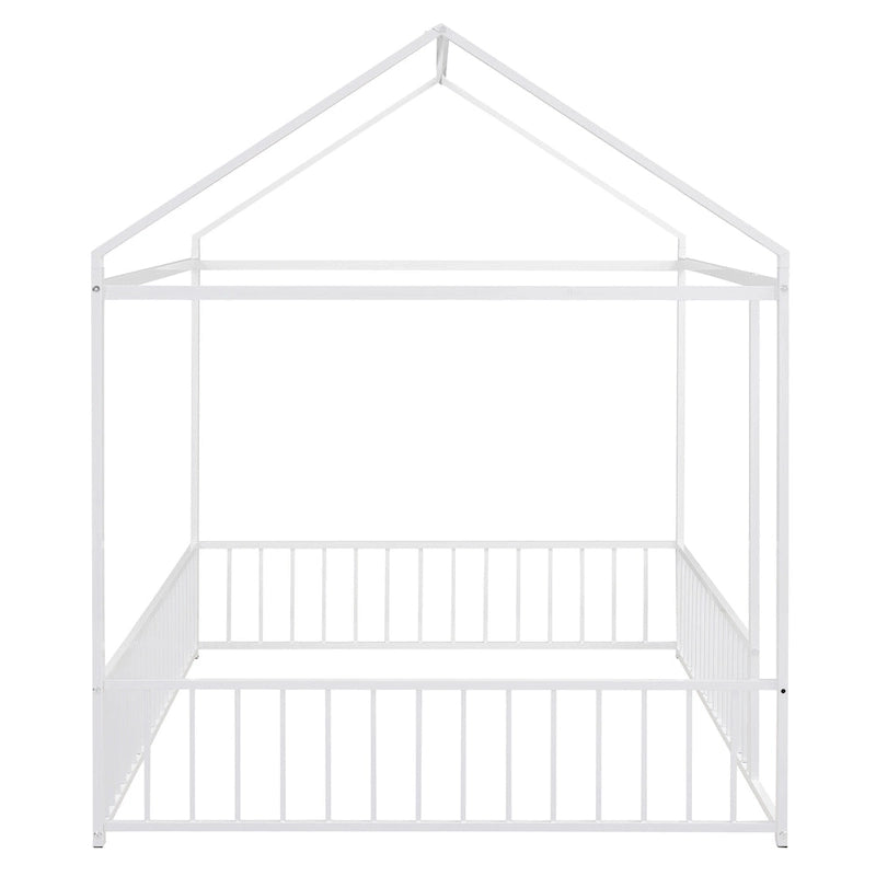 Full Size Metal Bed House Bed Frame with Fence, for Kids, Teens, Girls, Boys