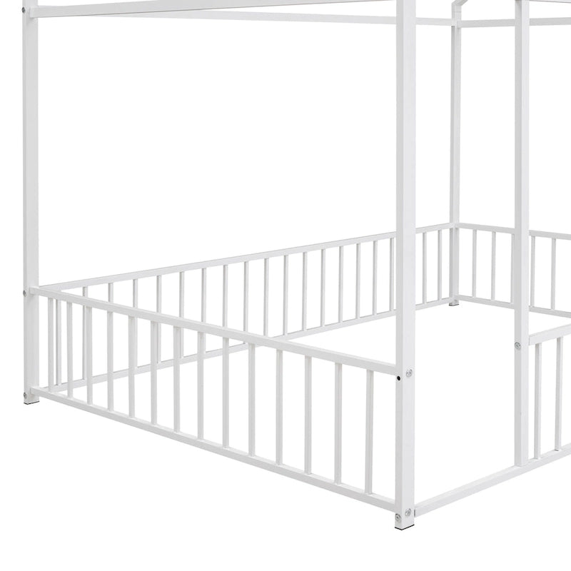 Full Size Metal Bed House Bed Frame with Fence, for Kids, Teens, Girls, Boys