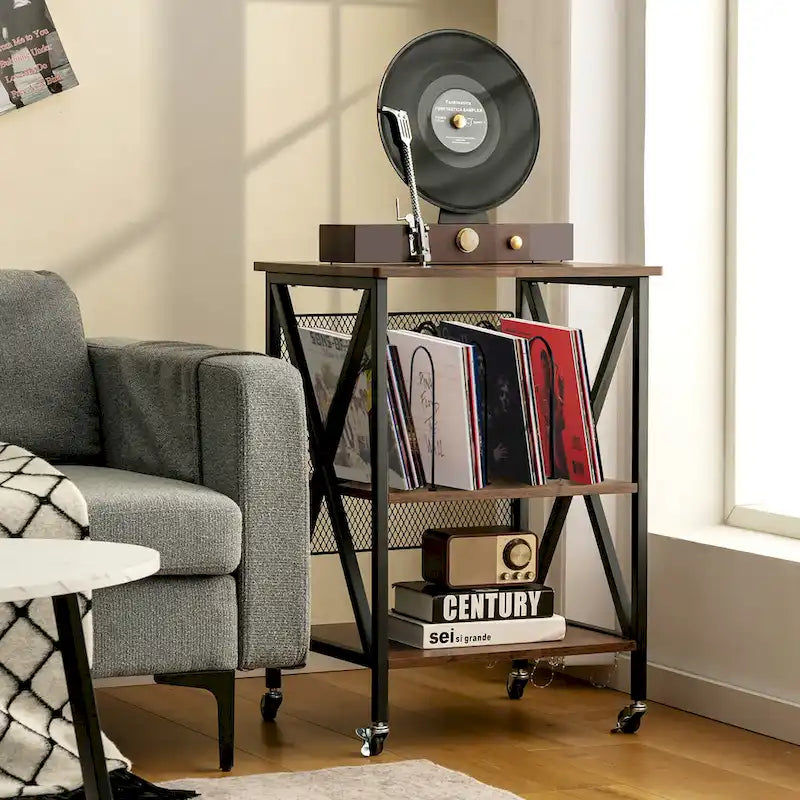 Costway 3-tier Rolling Turntable Stand Vinyl Record Storage Shelf with - See Details