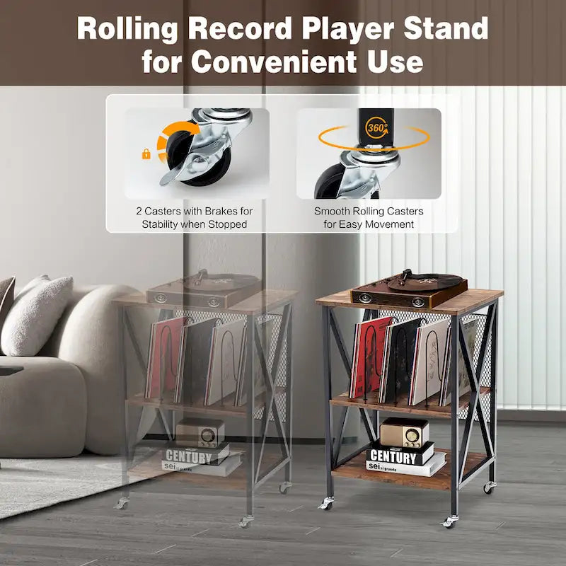 Costway 3-tier Rolling Turntable Stand Vinyl Record Storage Shelf with - See Details