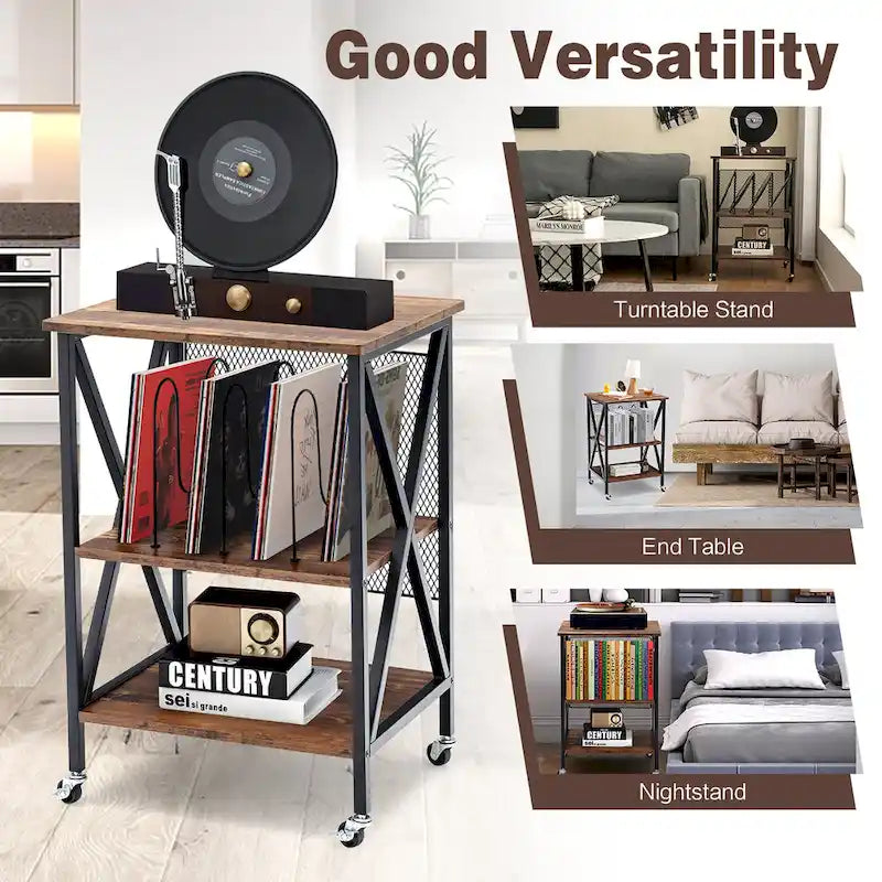 Costway 3-tier Rolling Turntable Stand Vinyl Record Storage Shelf with - See Details