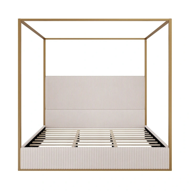 Contemporary Corduroy Upholstered Canopy Bed with Tall Headboard & Sleek Metal Frame