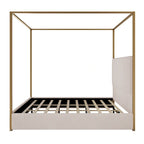 Contemporary Corduroy Upholstered Canopy Bed with Tall Headboard & Sleek Metal Frame