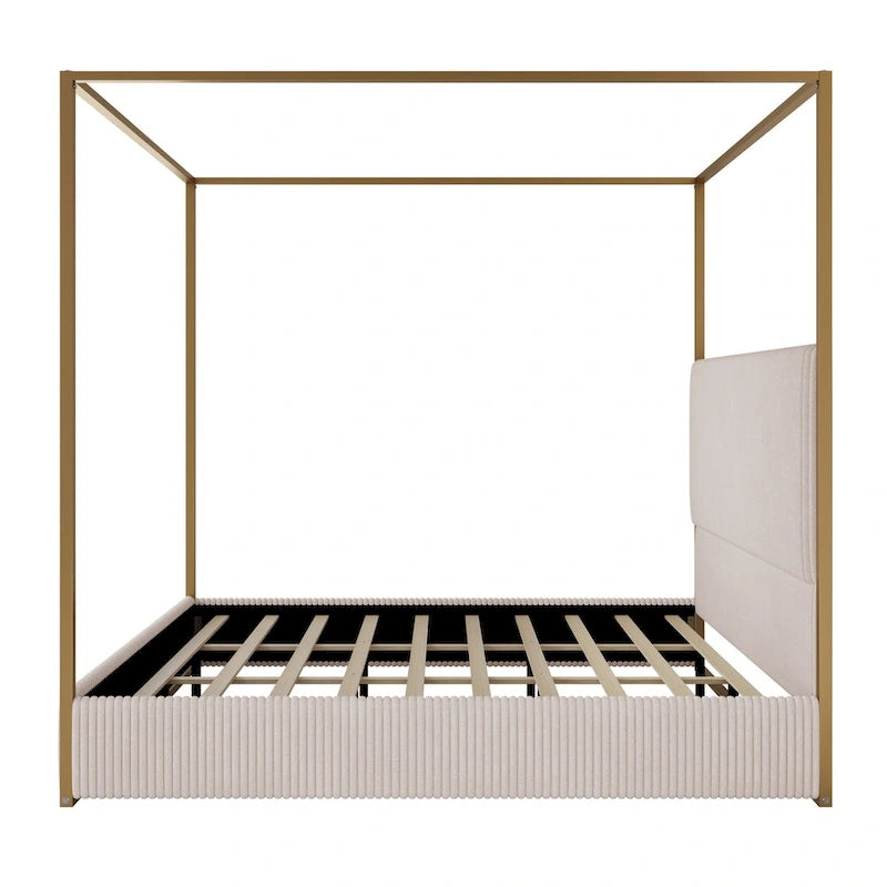 Contemporary Corduroy Upholstered Canopy Bed with Tall Headboard & Sleek Metal Frame