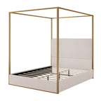 Contemporary Corduroy Upholstered Canopy Bed with Tall Headboard & Sleek Metal Frame