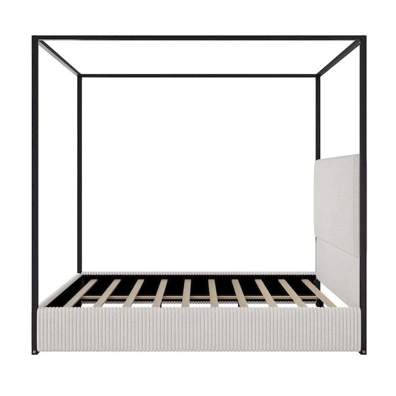 Contemporary Corduroy Upholstered Canopy Bed with Tall Headboard & Sleek Metal Frame