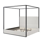 Contemporary Corduroy Upholstered Canopy Bed with Tall Headboard & Sleek Metal Frame