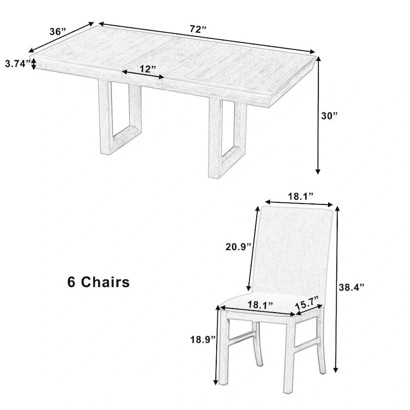 Retro 7-piece Rubber Wood Dining Set with 72 Extendable Butterfly Leaf Table and 6 Upholstered Chairs