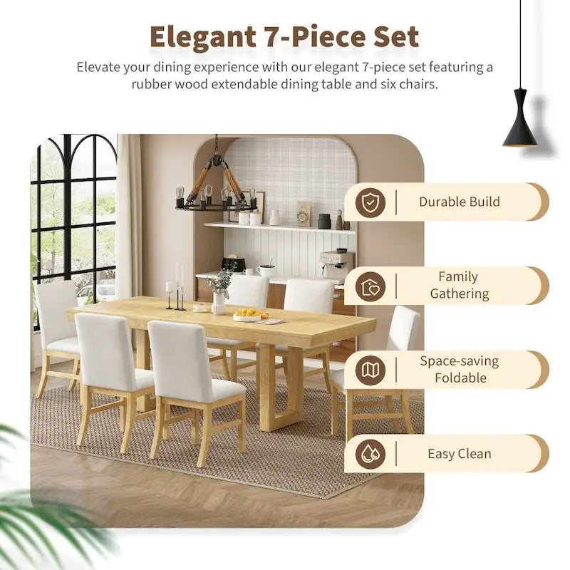 Retro 7-piece Rubber Wood Dining Set with 72 Extendable Butterfly Leaf Table and 6 Upholstered Chairs