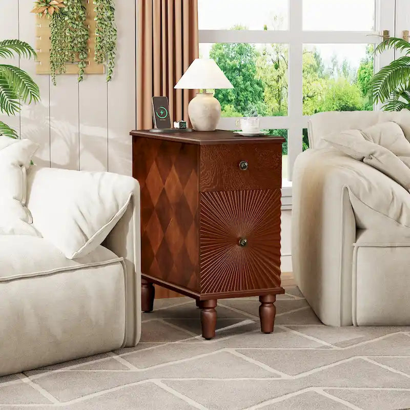 2 Drawer Modern Sofa Side Table, Solid Wood Narrow Side Table, Slim Nightstand for Living Room, Bedroom