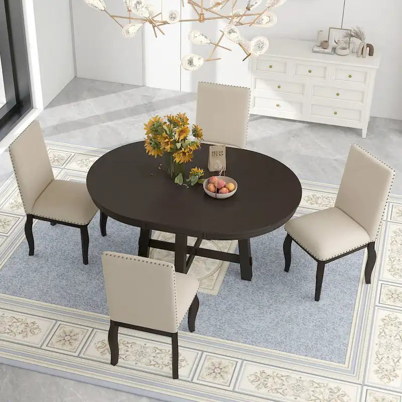 5-Piece Farmhouse Dining Table Set Wood Round Extendable Dining Table and Chair Sets with Nailheads Chairs for Dining Room