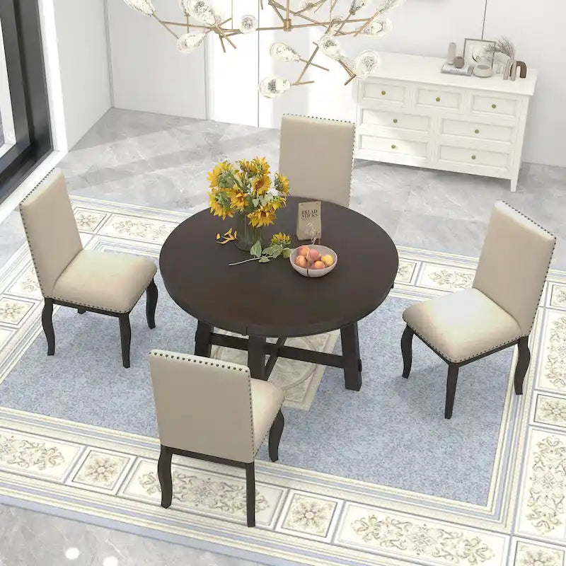 5-Piece Farmhouse Dining Table Set Wood Round Extendable Dining Table and Chair Sets with Nailheads Chairs for Dining Room