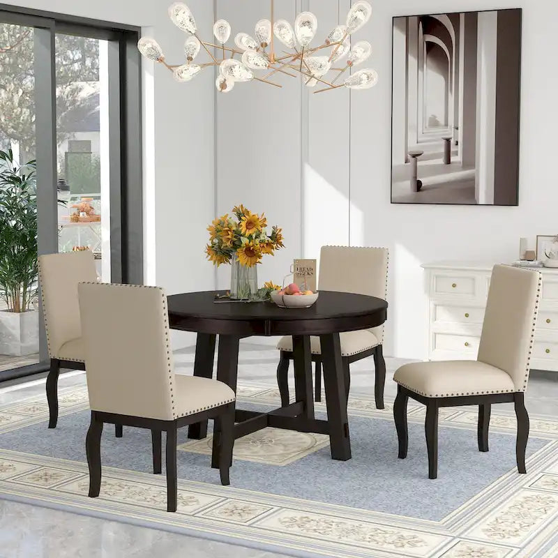5-Piece Farmhouse Dining Table Set Wood Round Extendable Dining Table and Chair Sets with Nailheads Chairs for Dining Room