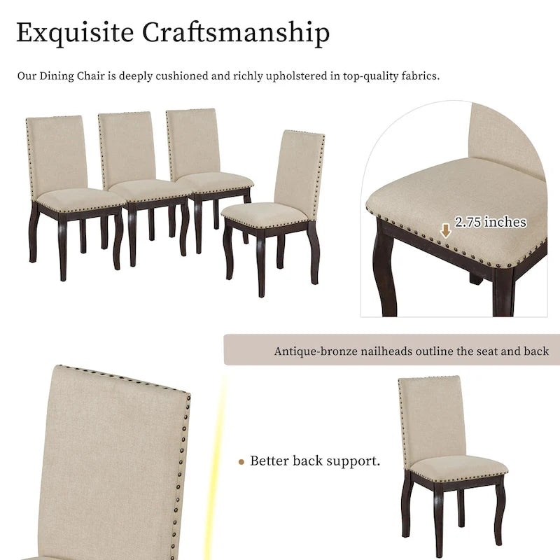 5-Piece Farmhouse Dining Table Set Wood Round Extendable Dining Table and Chair Sets with Nailheads Chairs for Dining Room