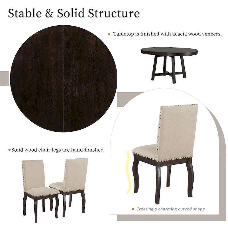 5-Piece Farmhouse Dining Table Set Wood Round Extendable Dining Table and Chair Sets with Nailheads Chairs for Dining Room