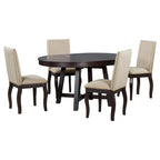 5-Piece Farmhouse Dining Table Set Wood Round Extendable Dining Table and Chair Sets with Nailheads Chairs for Dining Room