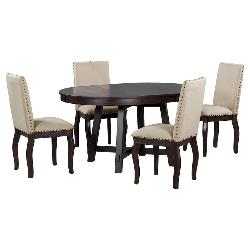 5-Piece Farmhouse Dining Table Set Wood Round Extendable Dining Table and Chair Sets with Nailheads Chairs for Dining Room