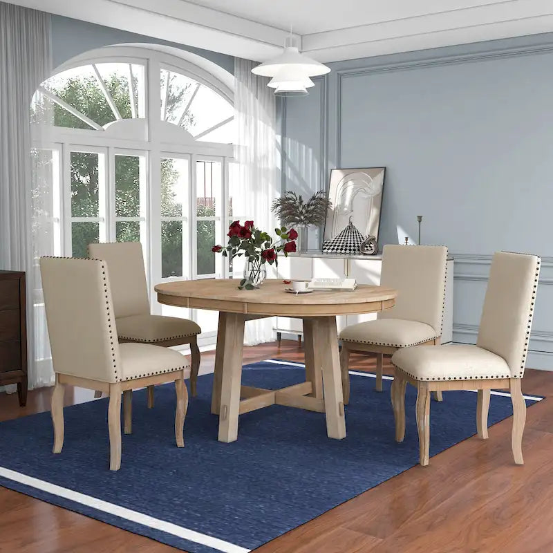 5-Piece Farmhouse Dining Table Set Wood Round Extendable Dining Table and Chair Sets with Nailheads Chairs for Dining Room
