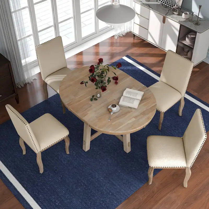 5-Piece Farmhouse Dining Table Set Wood Round Extendable Dining Table and Chair Sets with Nailheads Chairs for Dining Room