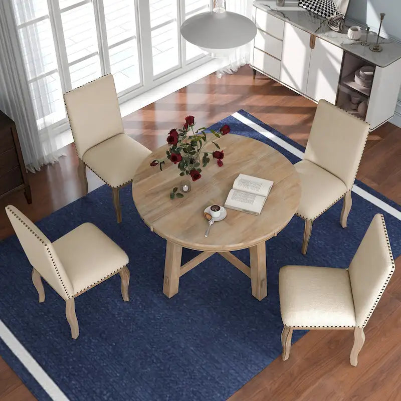 5-Piece Farmhouse Dining Table Set Wood Round Extendable Dining Table and Chair Sets with Nailheads Chairs for Dining Room