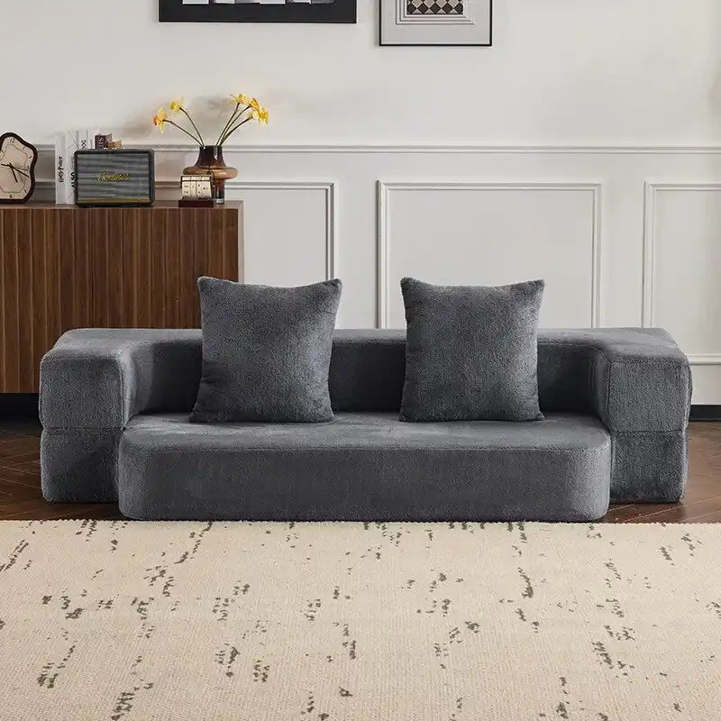 Transformable Sectional Sofa with 3 Ottoman Stools - Supportive Foam Fold-Out Bed, Compact Chenille Lounger