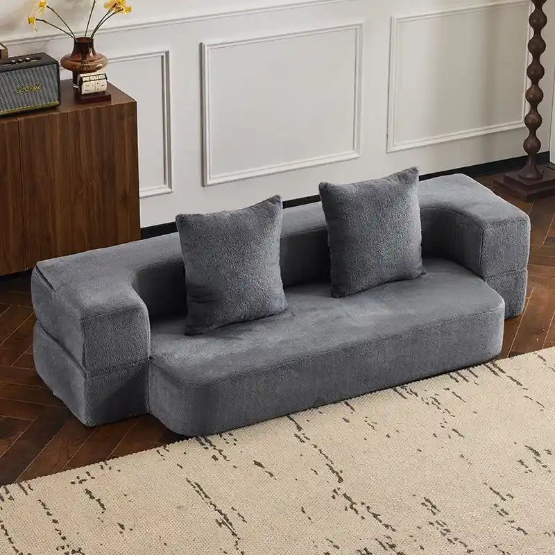Transformable Sectional Sofa with 3 Ottoman Stools - Supportive Foam Fold-Out Bed, Compact Chenille Lounger