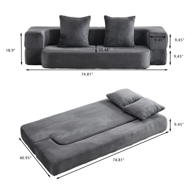Transformable Sectional Sofa with 3 Ottoman Stools - Supportive Foam Fold-Out Bed, Compact Chenille Lounger