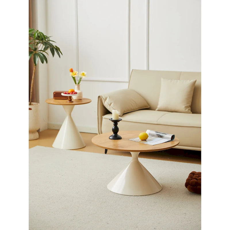 Modern Simple Coffee Table Round Coffee Table with Double Cone Table Frame Carbon Steel Coffee Table Base, for Living Room