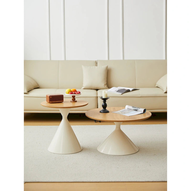 Modern Simple Coffee Table Round Coffee Table with Double Cone Table Frame Carbon Steel Coffee Table Base, for Living Room