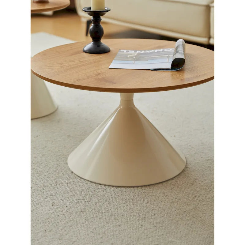 Modern Simple Coffee Table Round Coffee Table with Double Cone Table Frame Carbon Steel Coffee Table Base, for Living Room