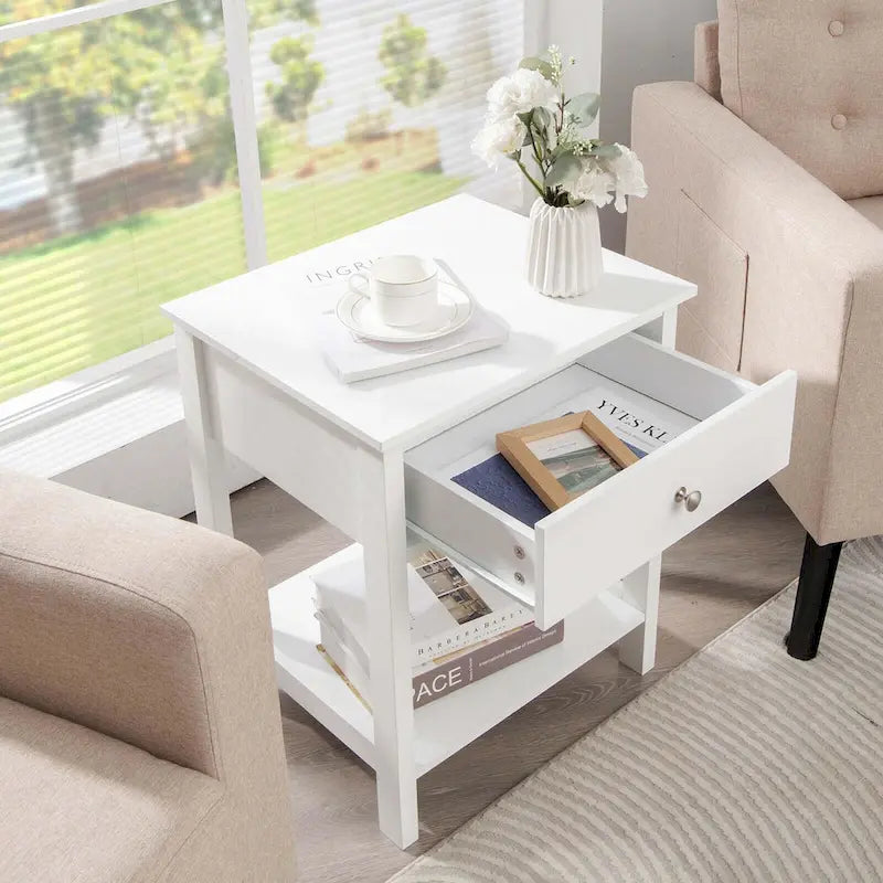 Gymax 2PCS 2-Tier Nightstand Modern Side End Table w/ Drawer & Open
