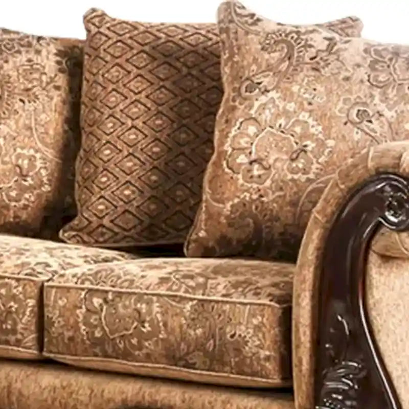 Nican 2pc Sofa Loveseat Set, Tan Gold Faux Leather, 8 Accent Pillows