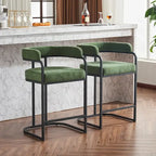 Fabric Upholstered Bar Stools Set of 2, Counter Height Bar Stools with Barrel Back, Dining Chair with Metal Frame and Arms