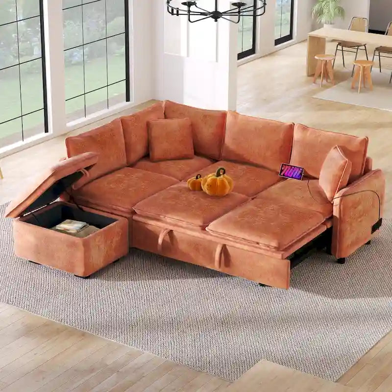 Roomfitters Convertible Sofa Bed Sectional Sleeper with Storage Ottoman, Two Pillows, USB Ports, and Power Sockets