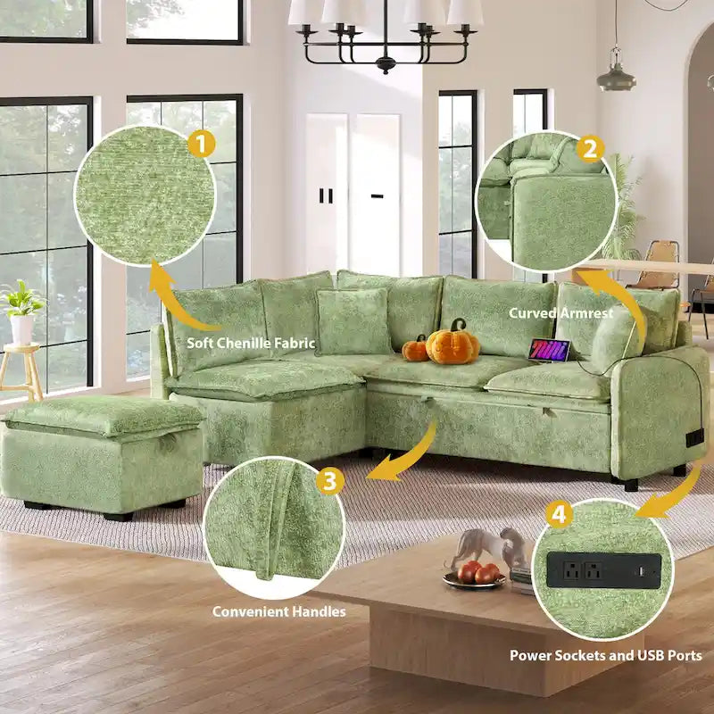 Roomfitters Convertible Sofa Bed Sectional Sleeper with Storage Ottoman, Two Pillows, USB Ports, and Power Sockets