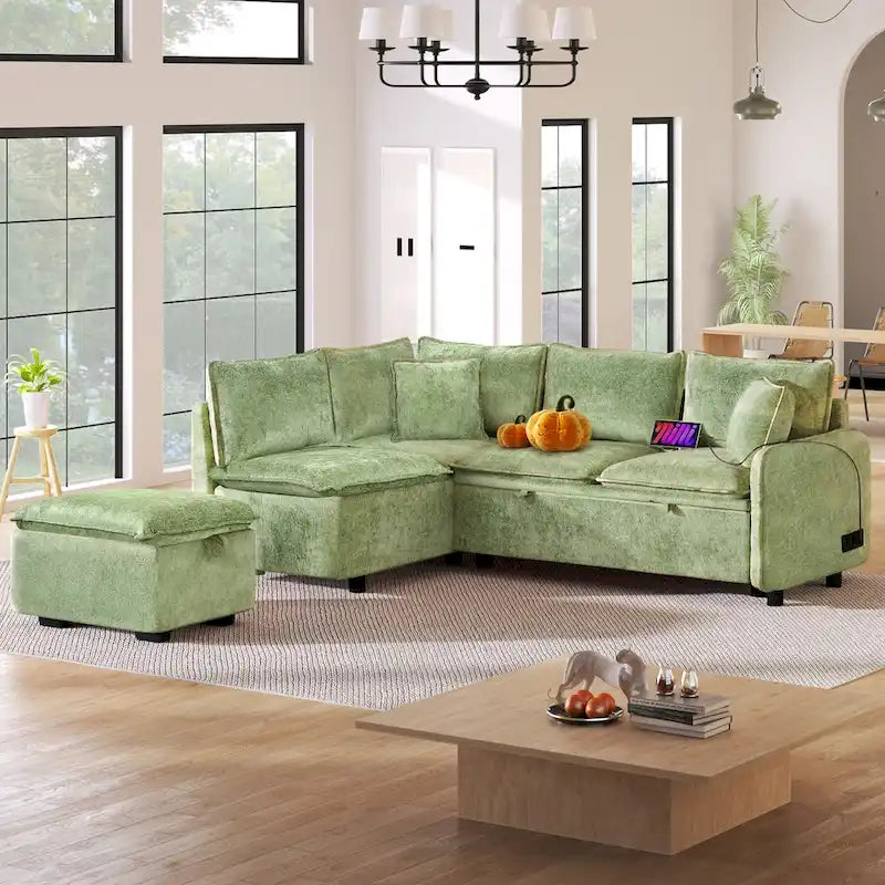 Roomfitters Convertible Sofa Bed Sectional Sleeper with Storage Ottoman, Two Pillows, USB Ports, and Power Sockets