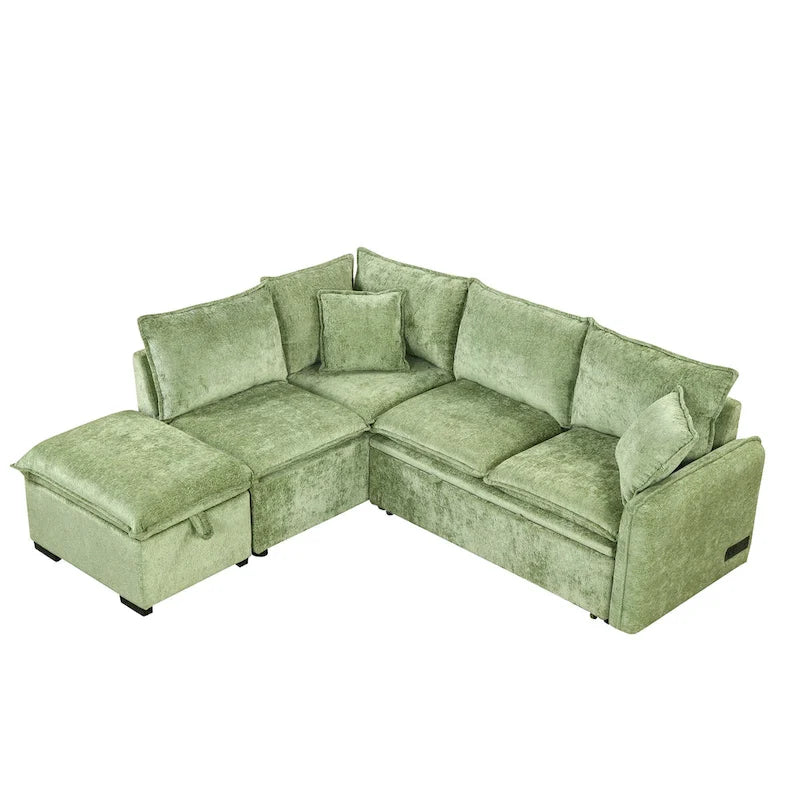 Roomfitters Convertible Sofa Bed Sectional Sleeper with Storage Ottoman, Two Pillows, USB Ports, and Power Sockets