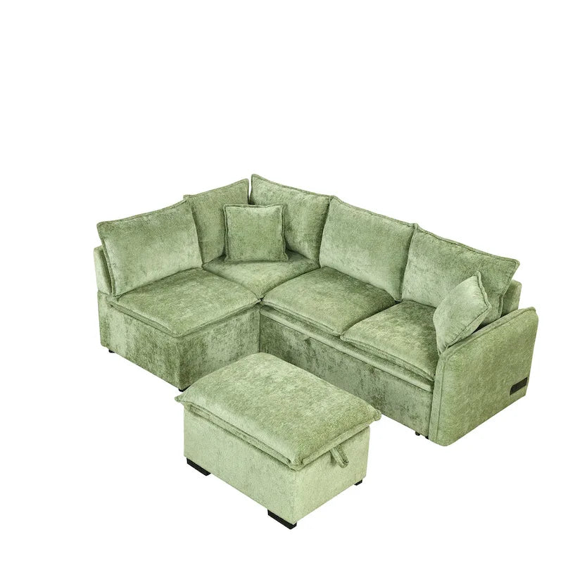 Roomfitters Convertible Sofa Bed Sectional Sleeper with Storage Ottoman, Two Pillows, USB Ports, and Power Sockets