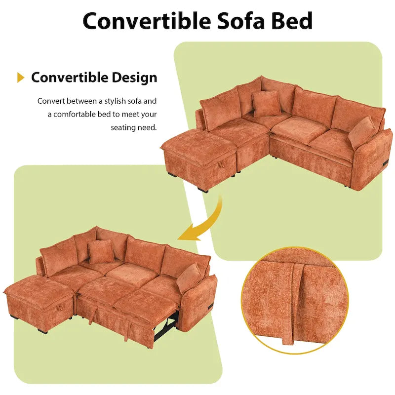 Roomfitters Convertible Sofa Bed Sectional Sleeper with Storage Ottoman, Two Pillows, USB Ports, and Power Sockets