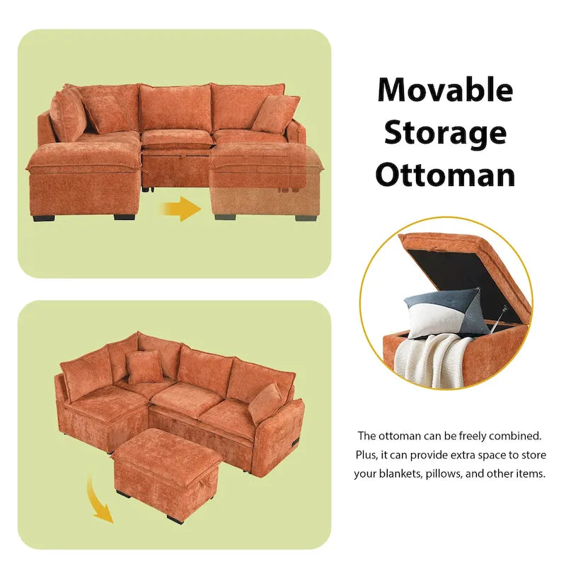 Roomfitters Convertible Sofa Bed Sectional Sleeper with Storage Ottoman, Two Pillows, USB Ports, and Power Sockets