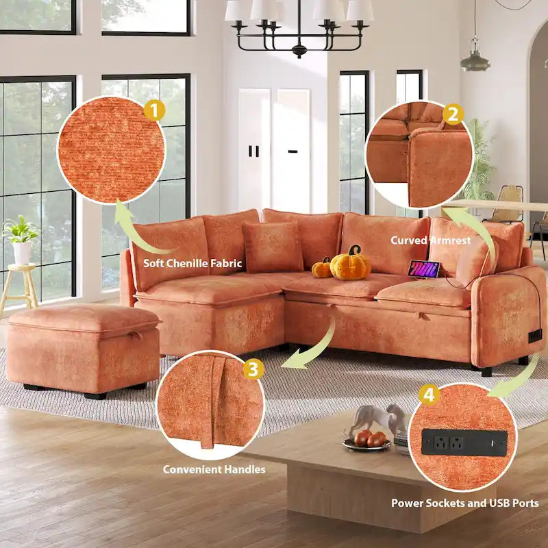 Roomfitters Convertible Sofa Bed Sectional Sleeper with Storage Ottoman, Two Pillows, USB Ports, and Power Sockets