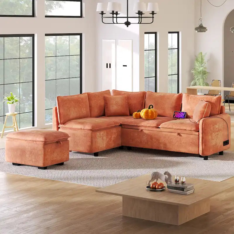 Roomfitters Convertible Sofa Bed Sectional Sleeper with Storage Ottoman, Two Pillows, USB Ports, and Power Sockets